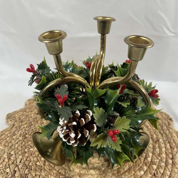 Vintage Other - Vintage Brass Horn Trio w/ Candle Ring Holly Christmas for Taper Candlesticks